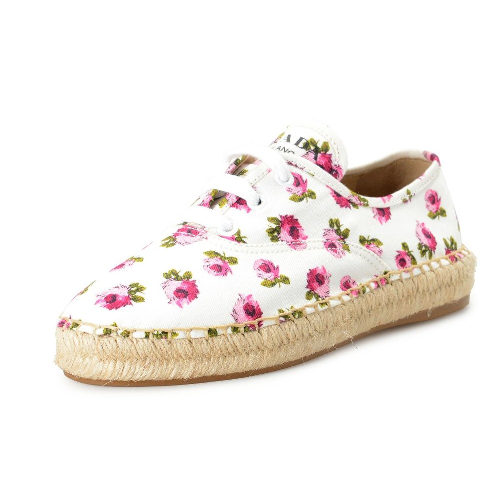 Prada Women's 1E988L Canvas Floral Print Lace Up Flats Casual Shoes - Picture 1 of 8